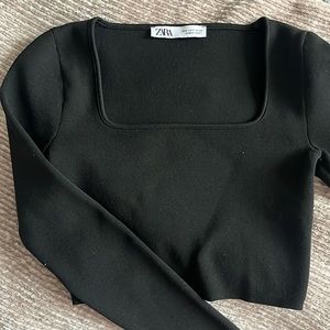 Black Cropped Square Neck Long Sleeve Top Zara